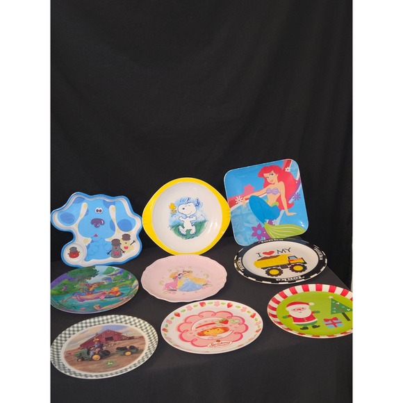 Vintage Kids Plates Lot of 9 Blue's Clues, Little Mermaid, Snoopy, Tonka, More! - Picture 1 of 16